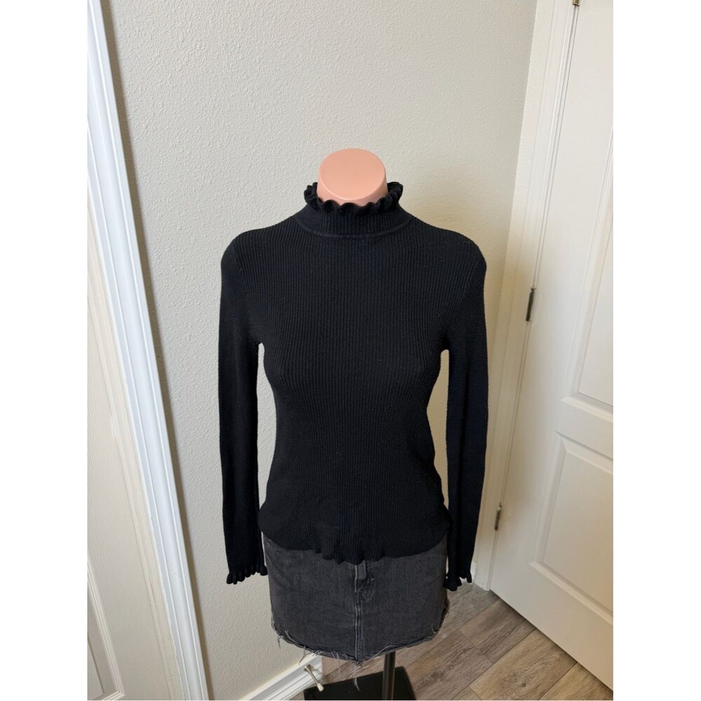 Express Black Ruffled Mock Neck Ribbed Sweater Sz S